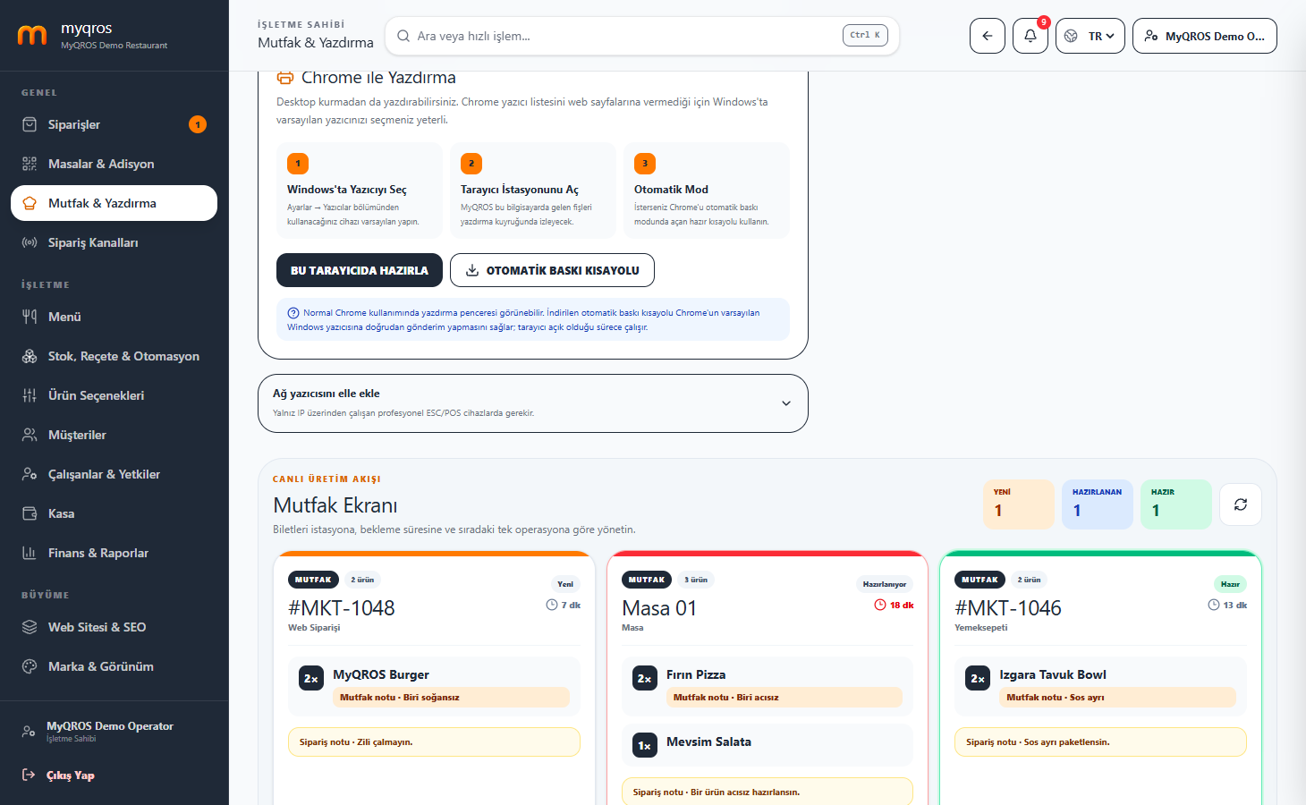 MyQROS mutfak KDS biletleri ekranı